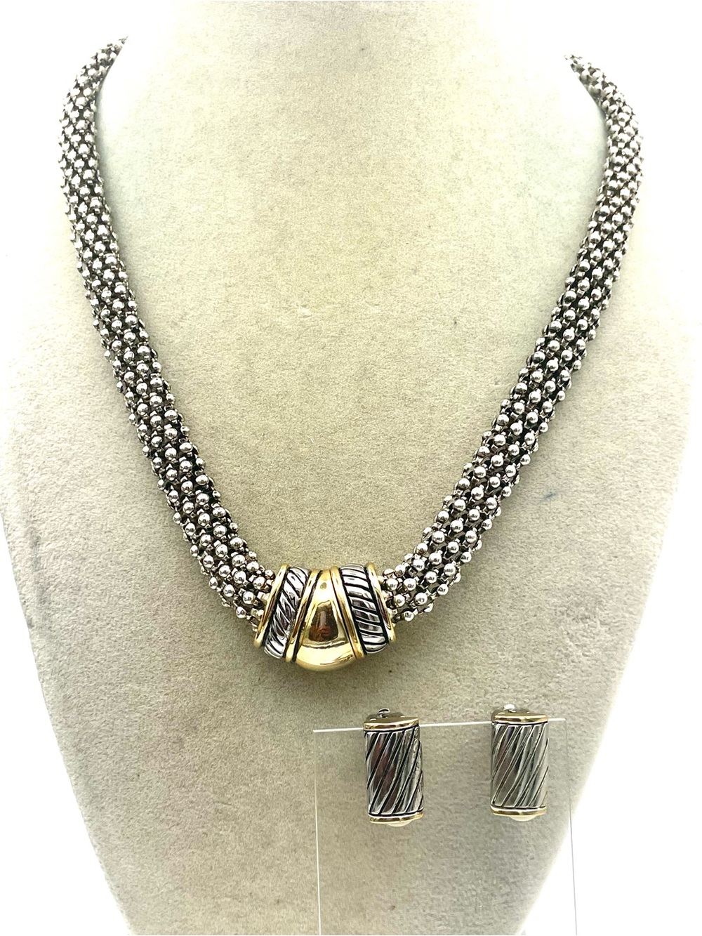 Two-Tone Silver and Gold Braided Bead Necklace with Matching Clip on Earrings